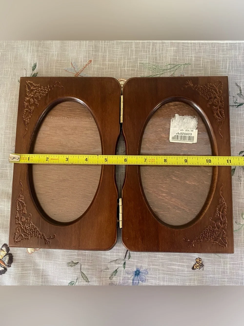 Vtg 1990 Double Oval Wooden Picture Frame - Brown Engraved New Frame